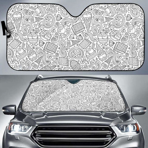 Cartoon Hand Drawn Ice Cream Black White Car Auto Sun Shades Universal Fit 052312 - CarInspirations