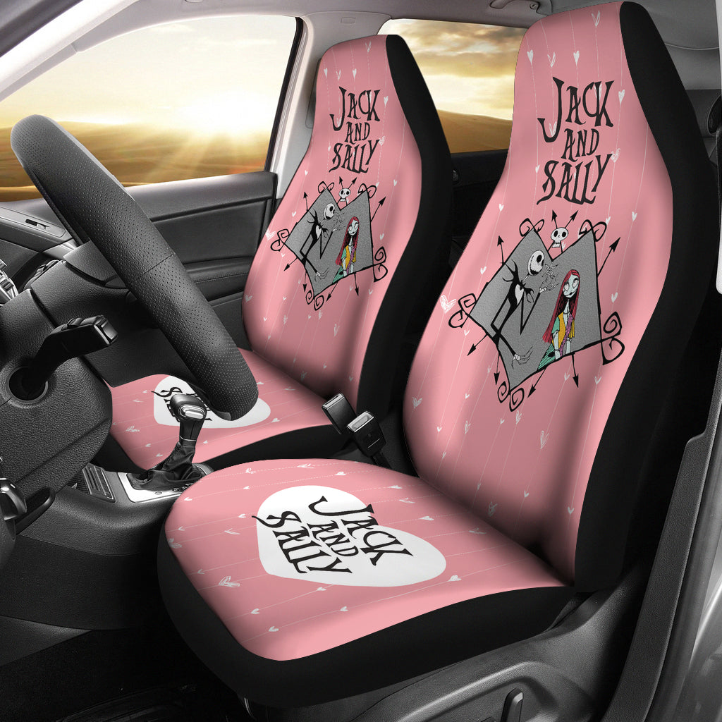 Nightmare Before Christmas Cartoon Car Seat Covers - Jack Skellington And Sally In Grey Heart Sweet Pink Seat Covers Ci101202