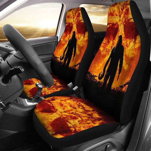 Horror Movie Car Seat Covers | Michael Myers Take Off Mask Flaming Skull Seat Covers Ci090321