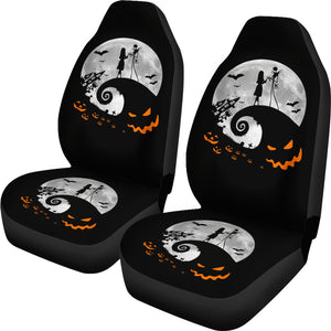 Nightmare Before Christmas Cartoon Car Seat Covers | Jack And Sally Holding Hands Silhouette On Hill Seat Covers Ci092503