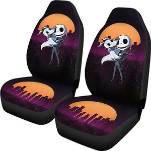 Nightmare Before Christmas Cartoon Car Seat Covers - Chibi Jack Skellington And Zero Dog Modern City At Night Seat Covers Ci101301