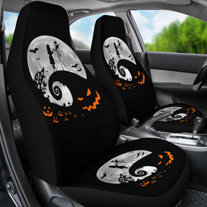 Nightmare Before Christmas Cartoon Car Seat Covers | Jack And Sally Holding Hands Silhouette On Hill Seat Covers Ci092503