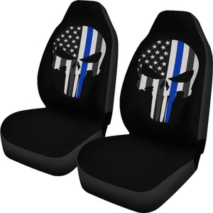 Thin Blue Line Punisher Skull - Car Seat Covers - Type 1 (Set Of 2) Universal Fit 215521 - CarInspirations