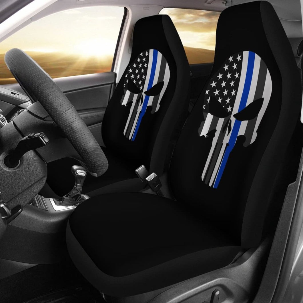 Thin Blue Line Punisher Skull - Car Seat Covers - Type 1 (Set Of 2) Universal Fit 215521 - CarInspirations